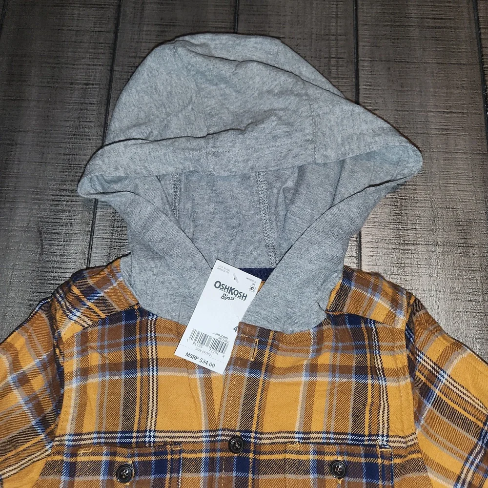 NWT Oshkosh B'gosh Plaid Hooded Kids Shirt - Yellow and Gray